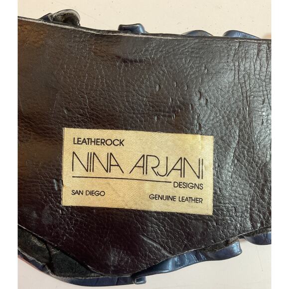 80s Nina Arjani Medium Leatherock Belt Black Blue Gold Leather - Picture 6 of 7